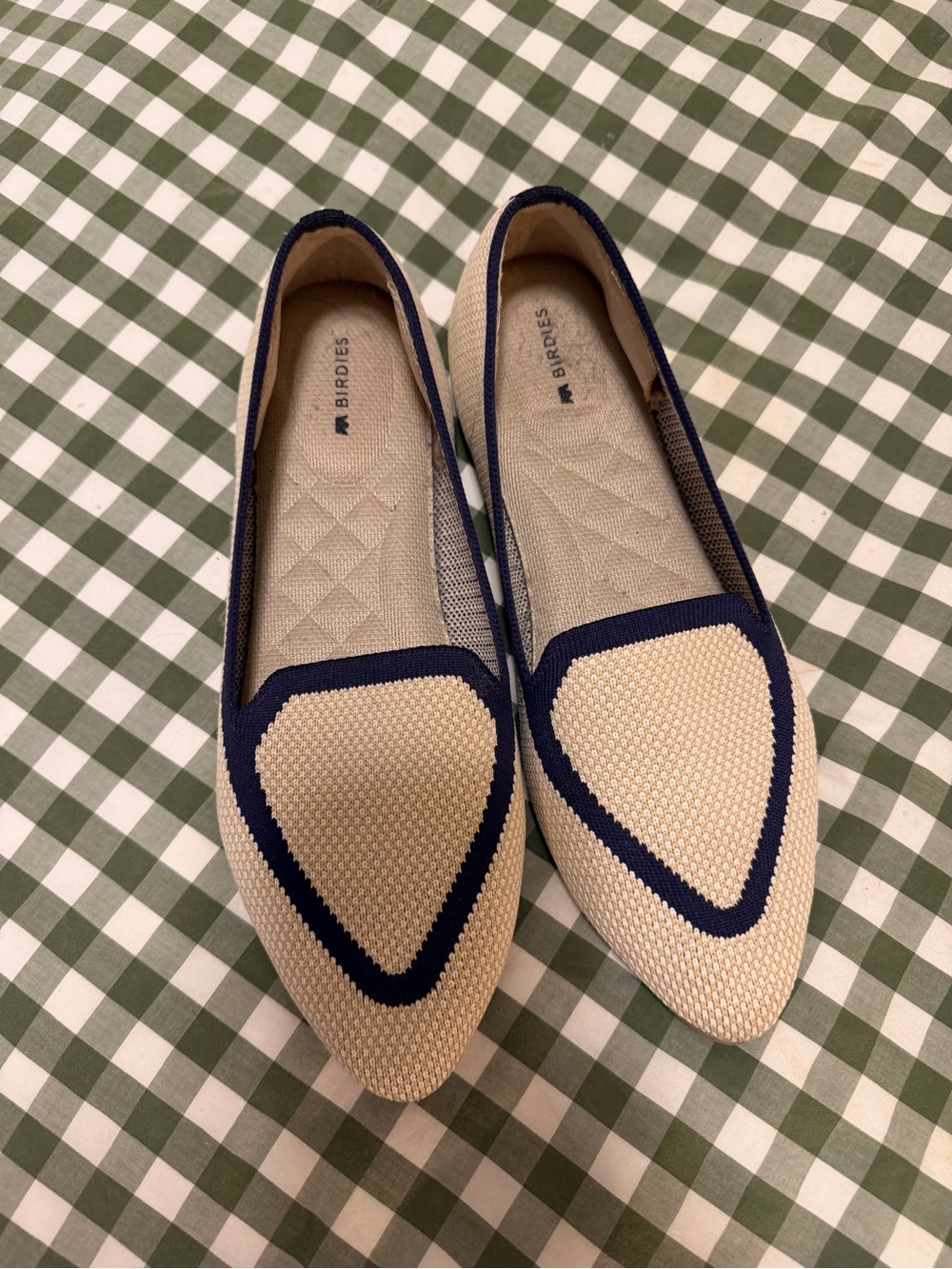 Birdies Beige Knit Pointed Flats with Navy Trim